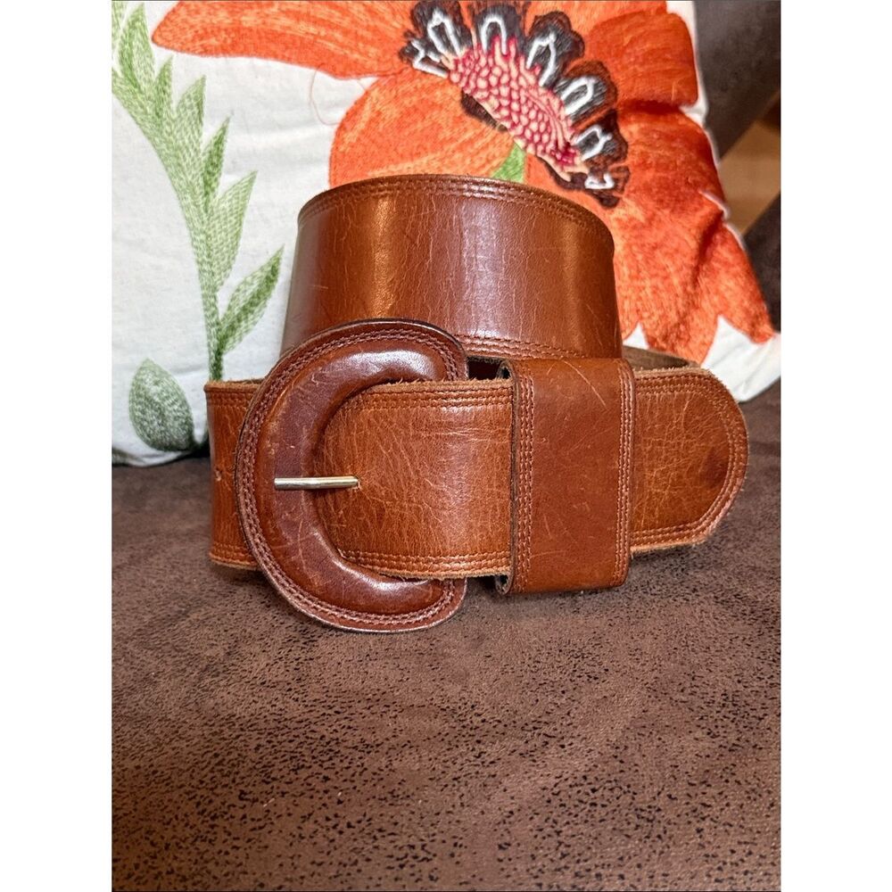 VINTAGE WIDE LEATHER BELT “THE RITZ” COGNAC QUALITY MINIMALIST SIZE MEDIUM